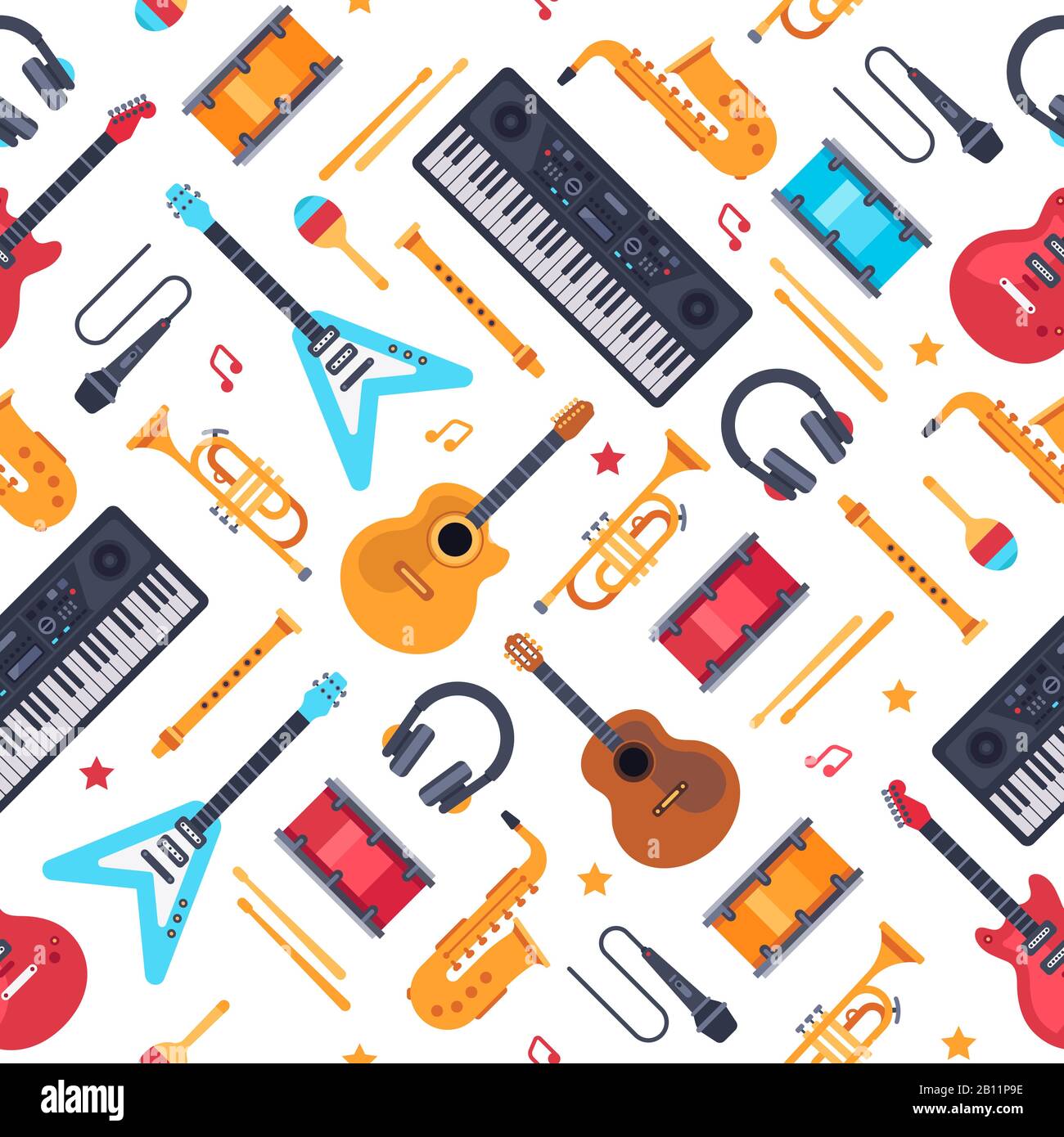 Strumenti musicali modello senza cuciture. Sintetizzatore di pianoforte vintage, chitarra rock e batteria. Musica vettore sfondo piatto Illustrazione Vettoriale