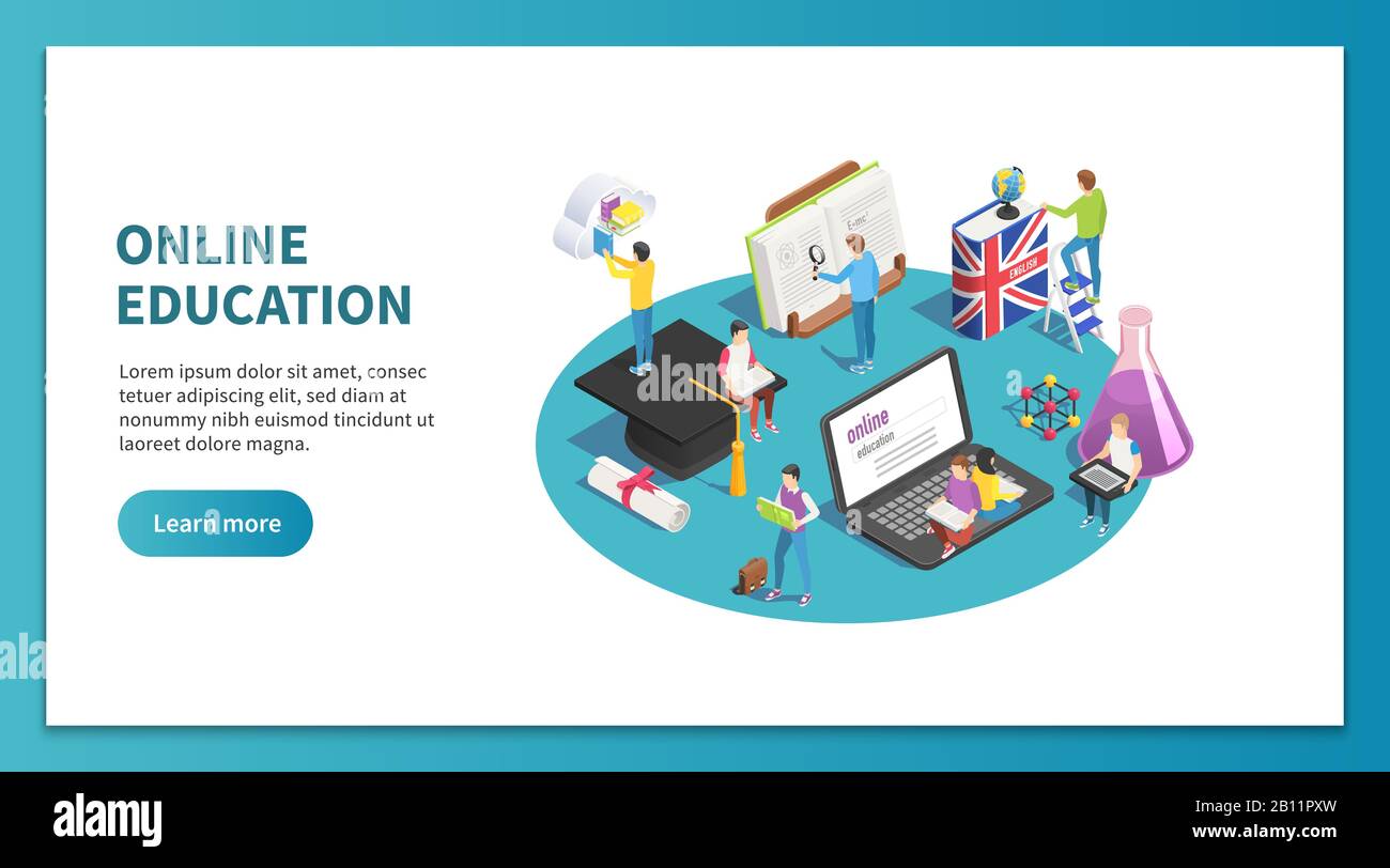Formazione online concetto isometrico. Internet studiare e corso web. Progetto vettoriale della landing page del sito degli studenti di apprendimento Illustrazione Vettoriale
