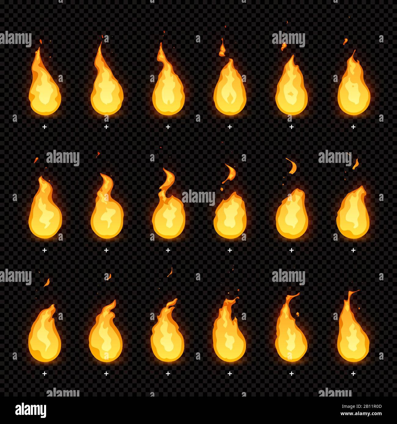 Animazione incendio. Fiamme fiammeggianti, fiamme ardite e fiamme animate fiamme fuoco isolate animazioni vettoriali fotogrammi Illustrazione Vettoriale