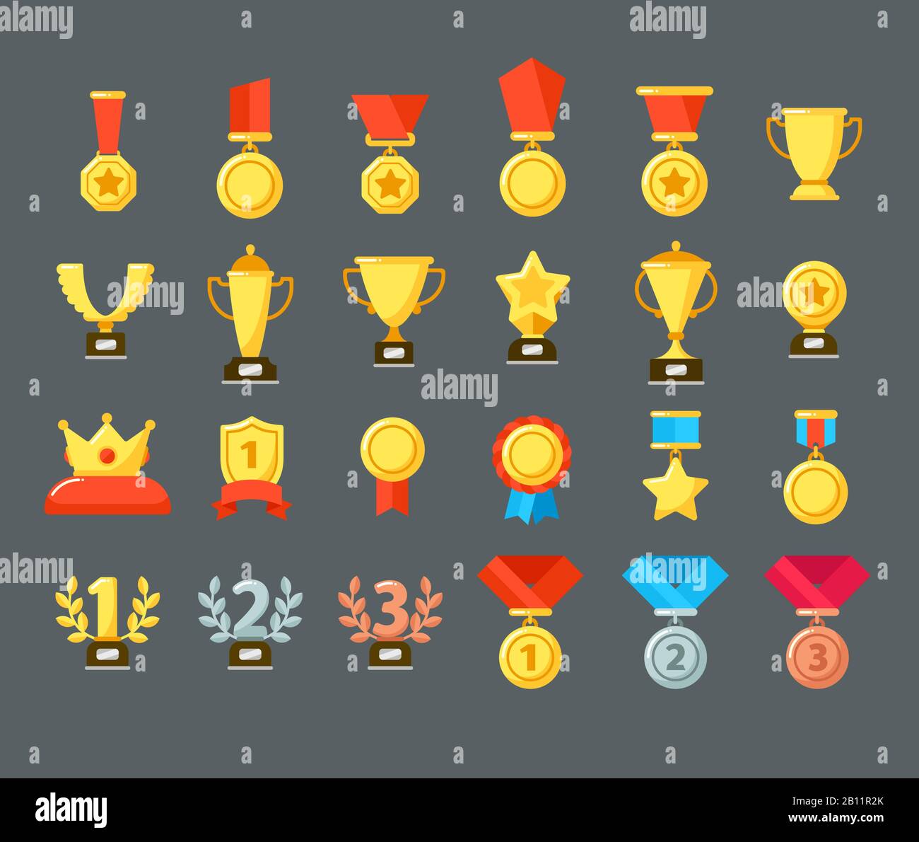 Icone dei premi. Coppa Golden Trophy, calici premio e premio vincente. Medaglie piatte premia i simboli vettoriali Illustrazione Vettoriale