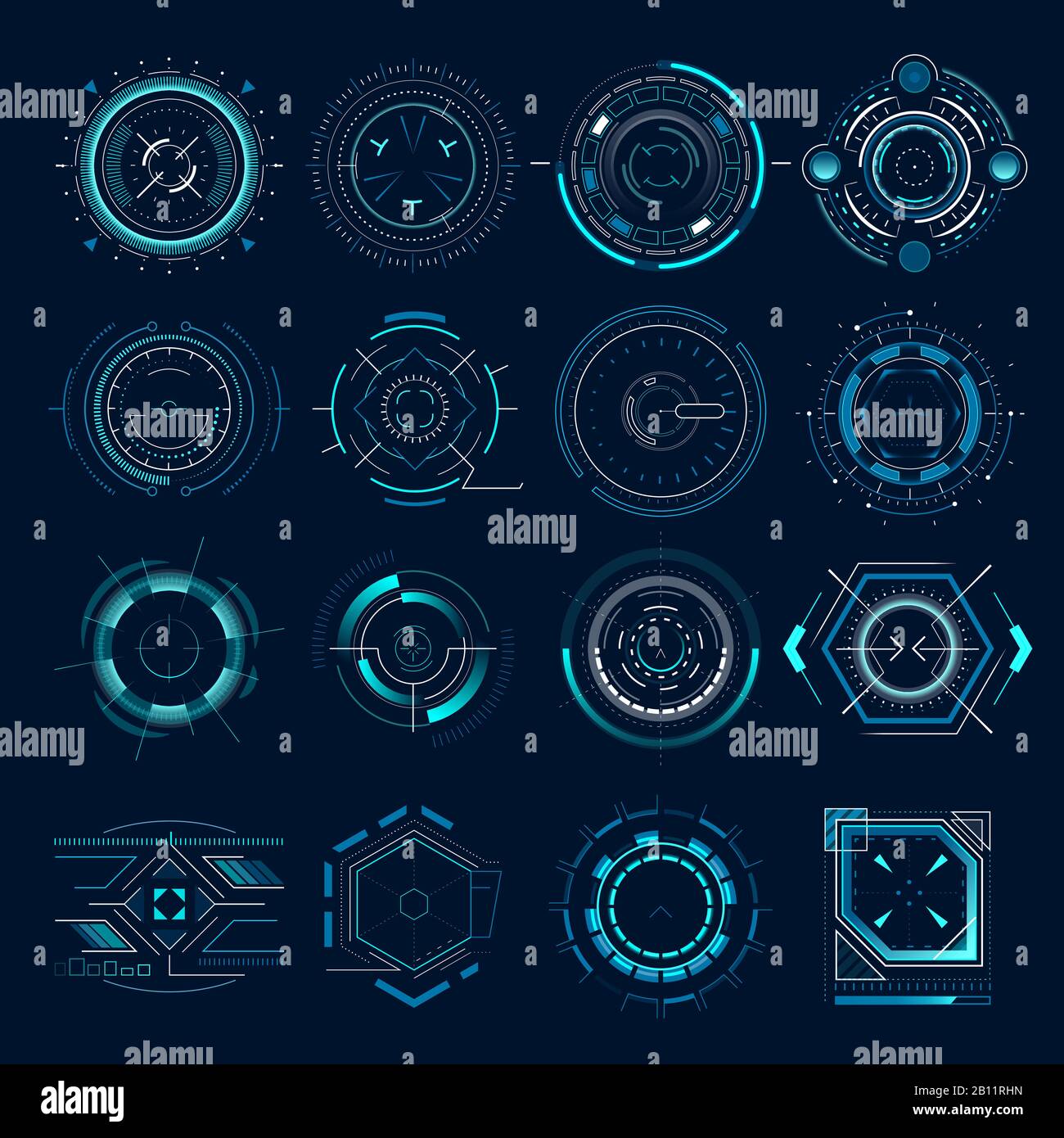 Obiettivo ottico futuristico. Indicatore visivo del collimatore militare, indicazione della gamma di messa a fuoco dei bersagli della pistola. Set di icone vettore di puntamento hud con arma da cecchino Illustrazione Vettoriale