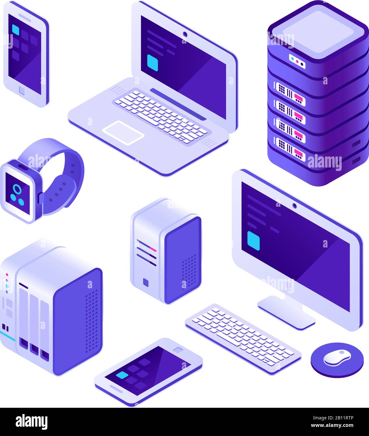 Set isometrico per dispositivi mobili. Computer, server e laptop, smartphone. Sistema di database cloud raccolta vector 3d Illustrazione Vettoriale