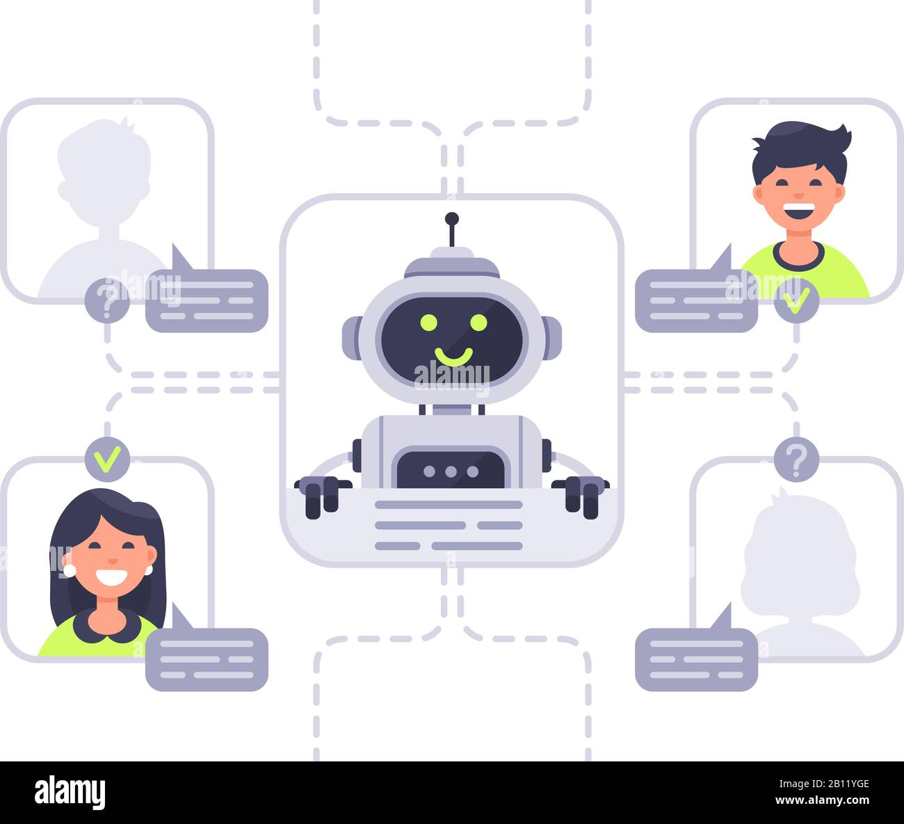 L'uomo comunica con il chatbot. Assistente virtuale, supporto e assistenza online conversazione con chat bot vettore illustrazione Illustrazione Vettoriale