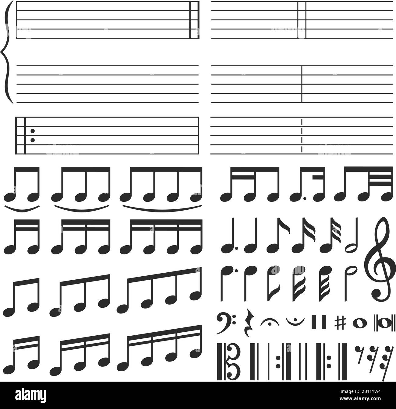 Note musicali. Notazione musicale con melodia, tono di nota e forma a vortice delle clef degli alti. Set di icone di note Illustrazione Vettoriale