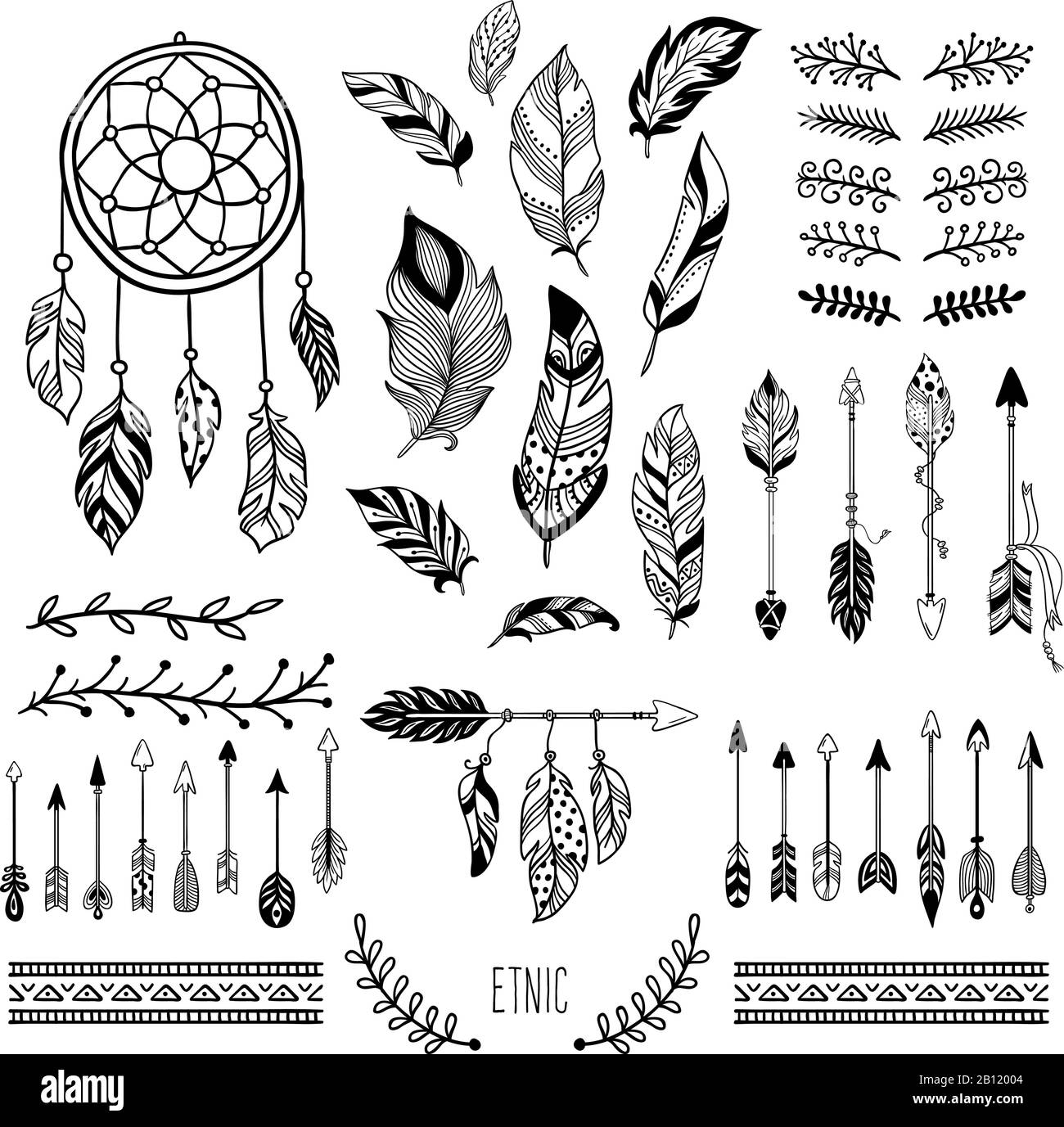 Boho art. Tribal Arrow piuma, bohemien bordo floreale e hippie fashion frame elementi vettoriali set Illustrazione Vettoriale