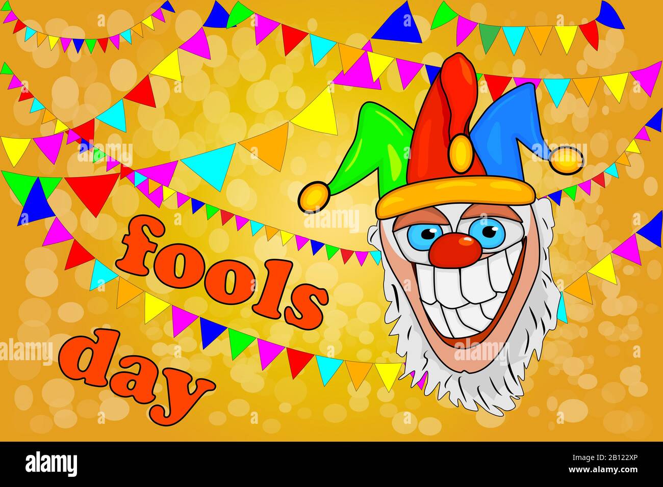 Banner di design per aprile Fools Day con jester pazzo e garlands. Poster modello per le vacanze di scherzi, spettacolo circus. Carta del vettore Red Nose Day.Stock Illustrazione Vettoriale