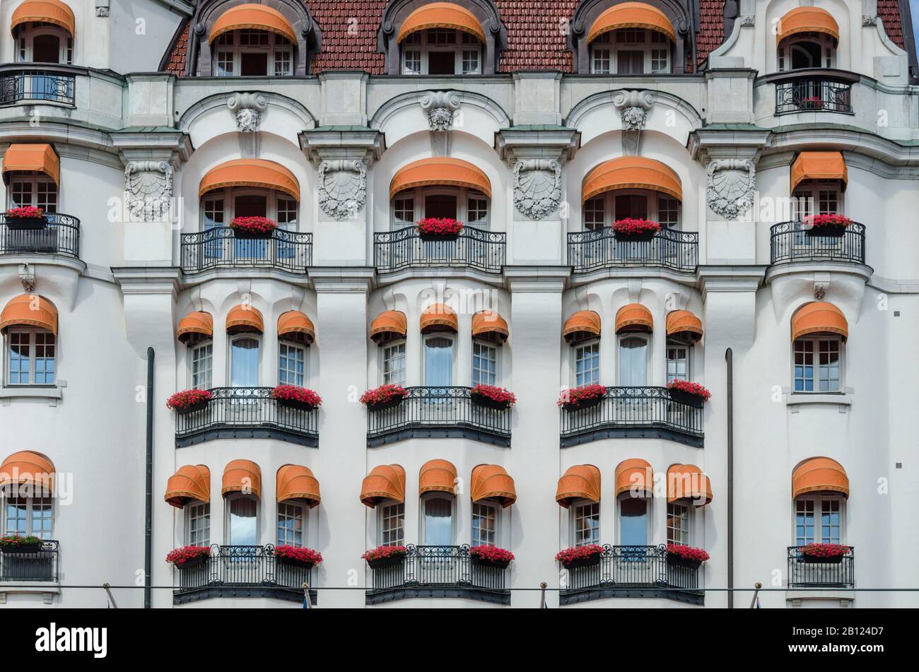 Facciate storiche, Strandvägen, centro storico, Stoccolma, Svezia, Europa Foto Stock