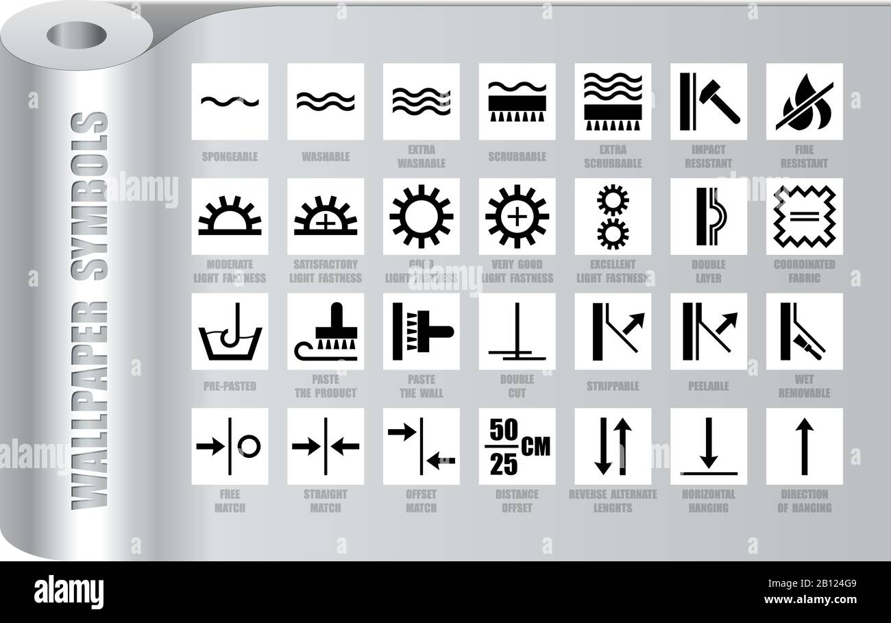 Set completo di sfondi simboli neri isolati su bianco. Icone vettoriali quadrate per la confezione di rotoli di carta a parete. Guida all'applicazione, all'uso e alla rimozione Illustrazione Vettoriale
