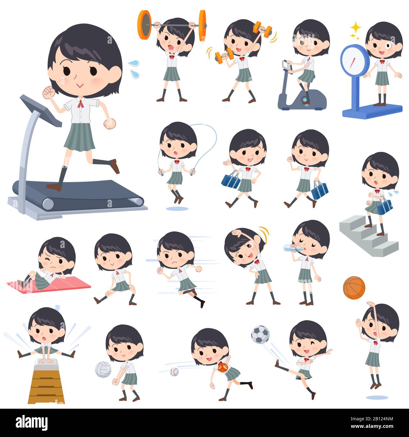 Un insieme della ragazza corta della scuola del manicotto sull'esercitazione e sport.Ci sono varie azioni per spostare il corpo sano.It è arte del vettore in modo da è facile da editare. Illustrazione Vettoriale
