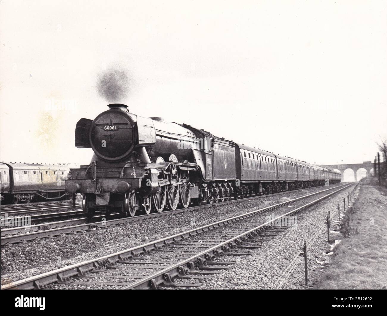 Foto d'epoca in bianco e nero di locomotiva a vapore - A3 60061 Pretty Polly (KX) sulla Kings Cross fino alla linea Leeds 21st aprile 1961. Foto Stock