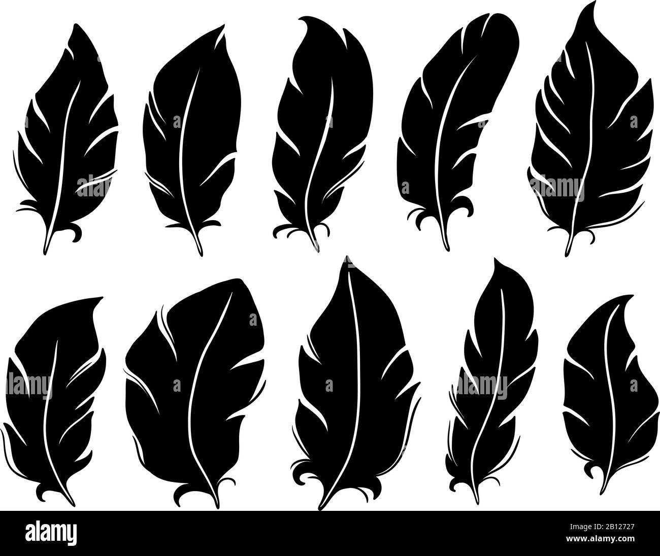 Silhouette in piuma. Piume dell'ala dell'uccello, quill del polmone e set di illustrazioni vettoriali isolate della penna dell'annata Illustrazione Vettoriale