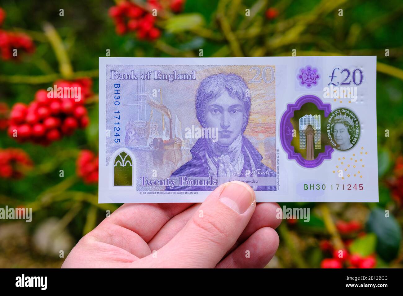 Nuova banconota da 20 libbre di polimero inglese rilasciata nel febbraio 2020 nel Regno Unito. Foto Stock