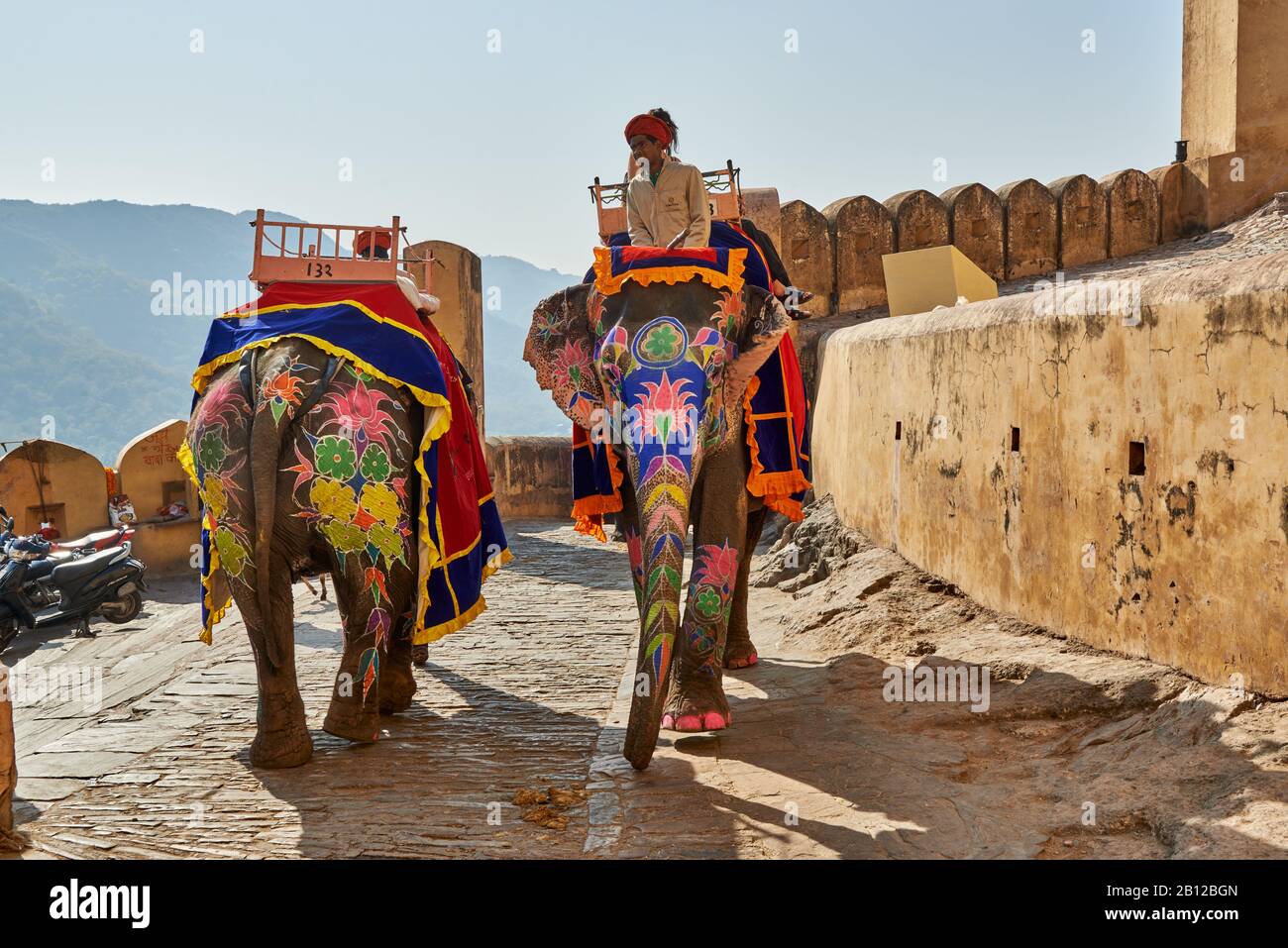 Gli elefanti indiani dai colori vivaci portano i turisti al Forte Amer, Jaipur, Rajasthan, India Foto Stock