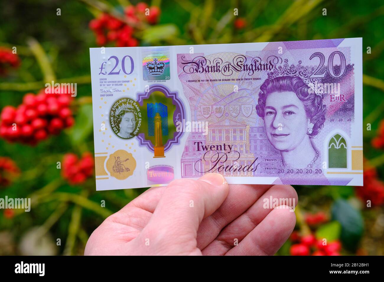 Nuova banconota da 20 libbre di polimero inglese rilasciata nel febbraio 2020 nel Regno Unito. Foto Stock