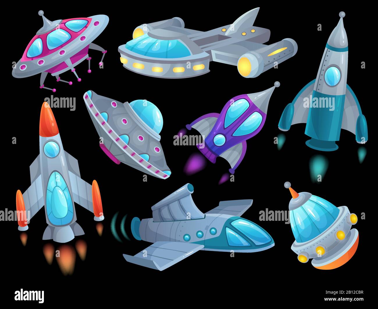 Astronave cartone animato. Futuristici veicoli spaziali a razzo, volo alieno nave spaziale ufo e razzi aerospaziali isolato vettore set Illustrazione Vettoriale