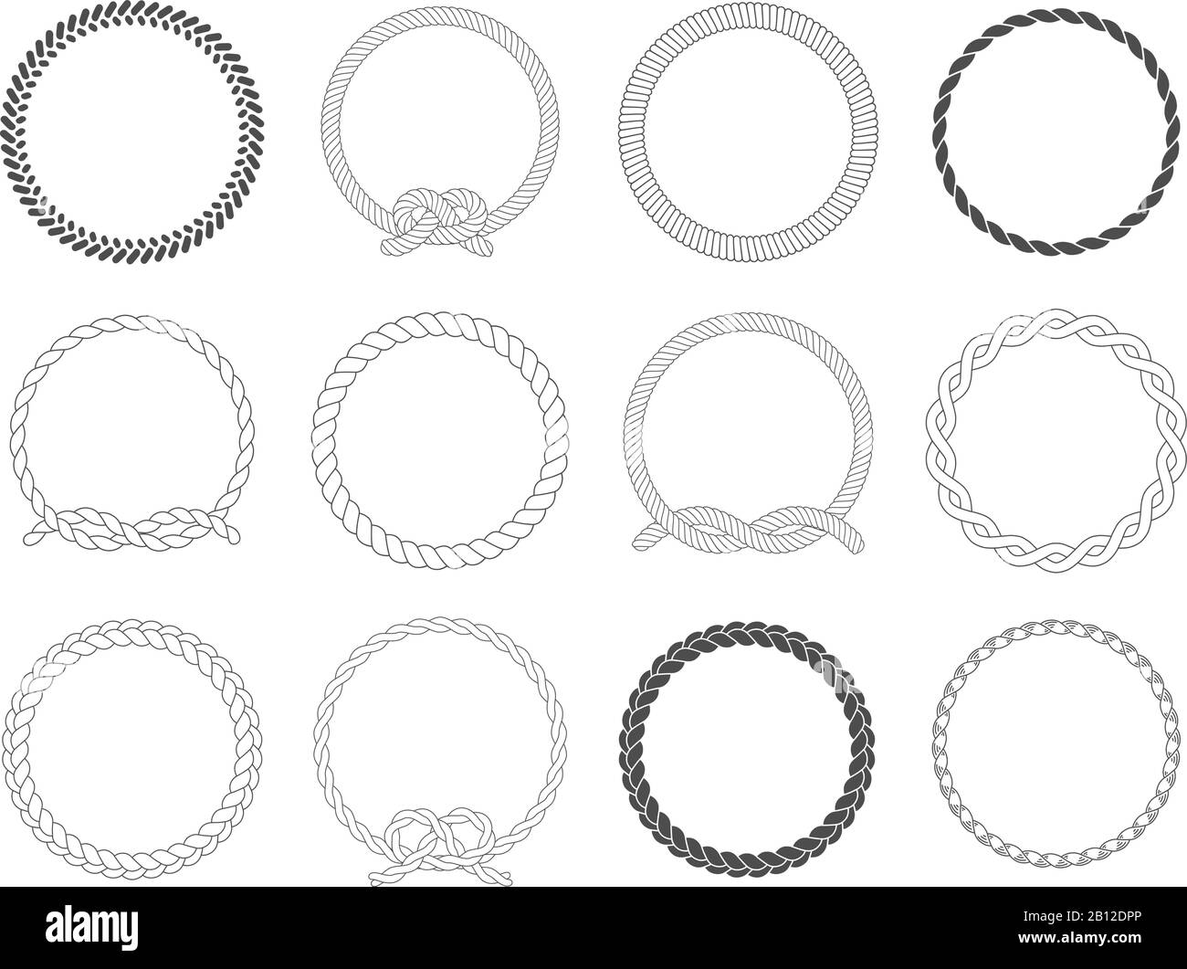 Telaio a fune circolare. Corde circolari, bordo arrotondato e cornice decorativa per cavi marini cerchi vettore isolato set Illustrazione Vettoriale