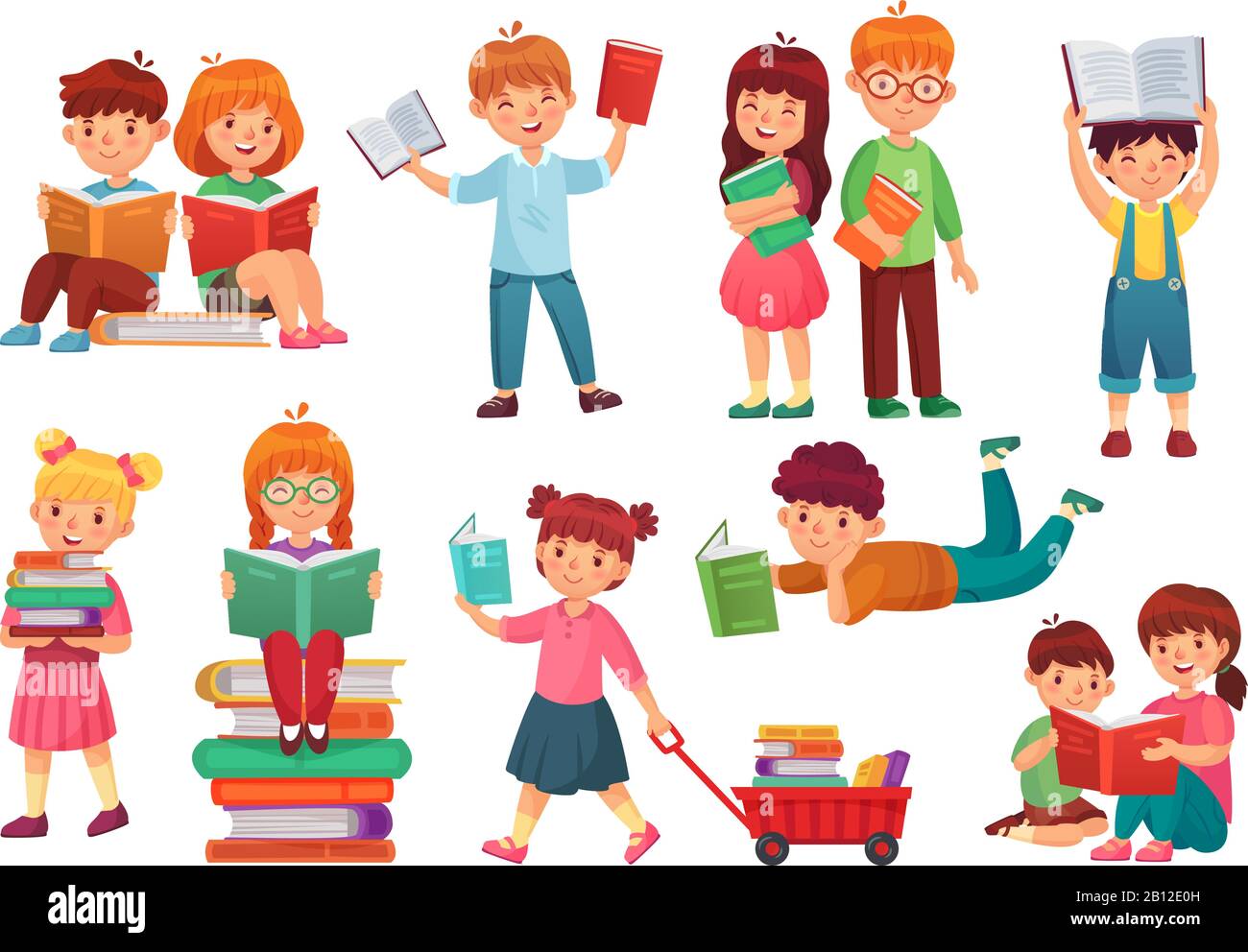 Libro di lettura dei bambini. Felice bambino leggere libri, ragazza e ragazzo imparare insieme e giovani studenti isolato cartone animato vettore illustrazione Illustrazione Vettoriale