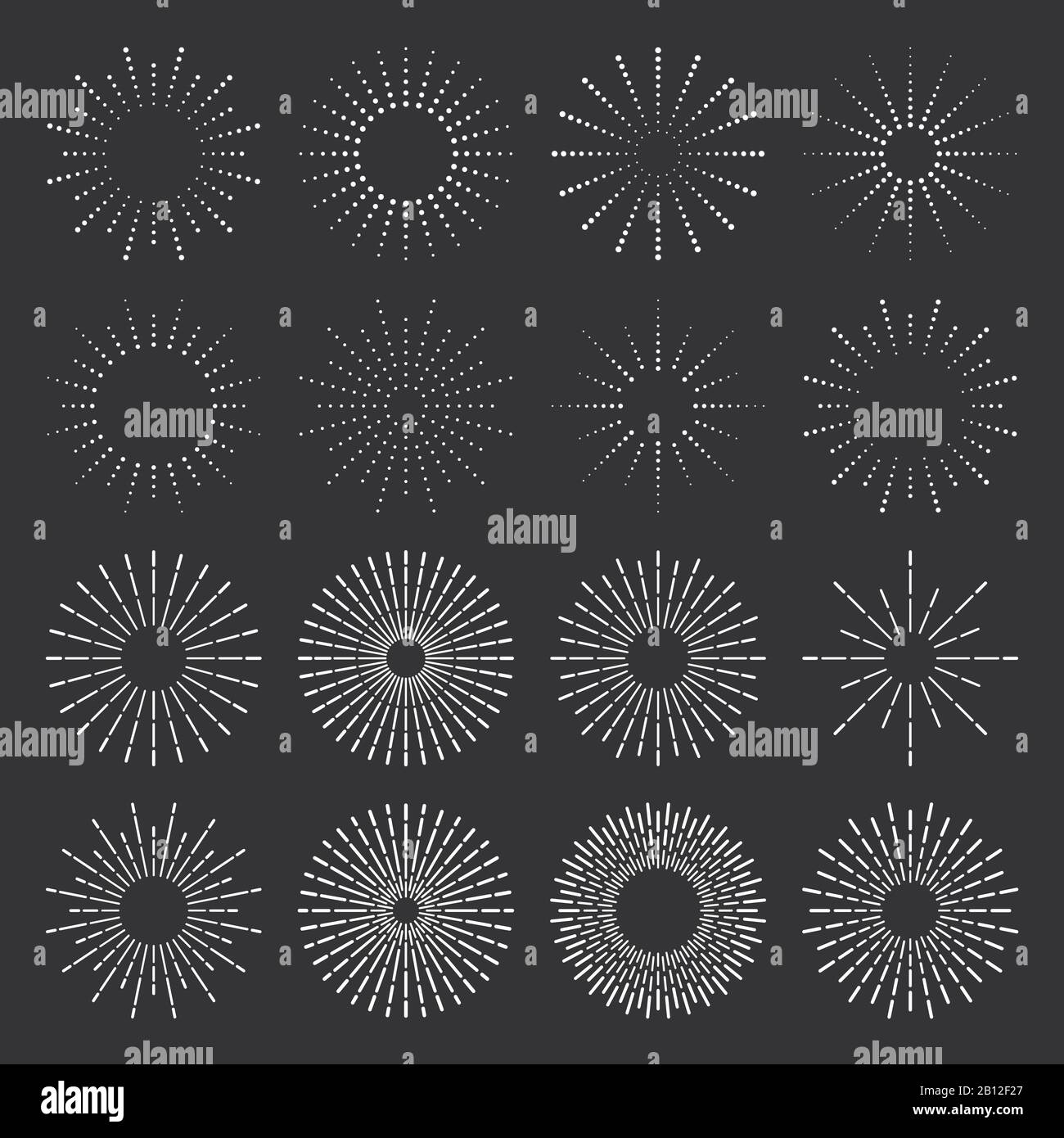 Sunburst vintage. Semplice etichetta Star Burst, retro gesso mani disegnato sunburst cornici e fuochi d'artificio scintille raggi isolato vettore set Illustrazione Vettoriale