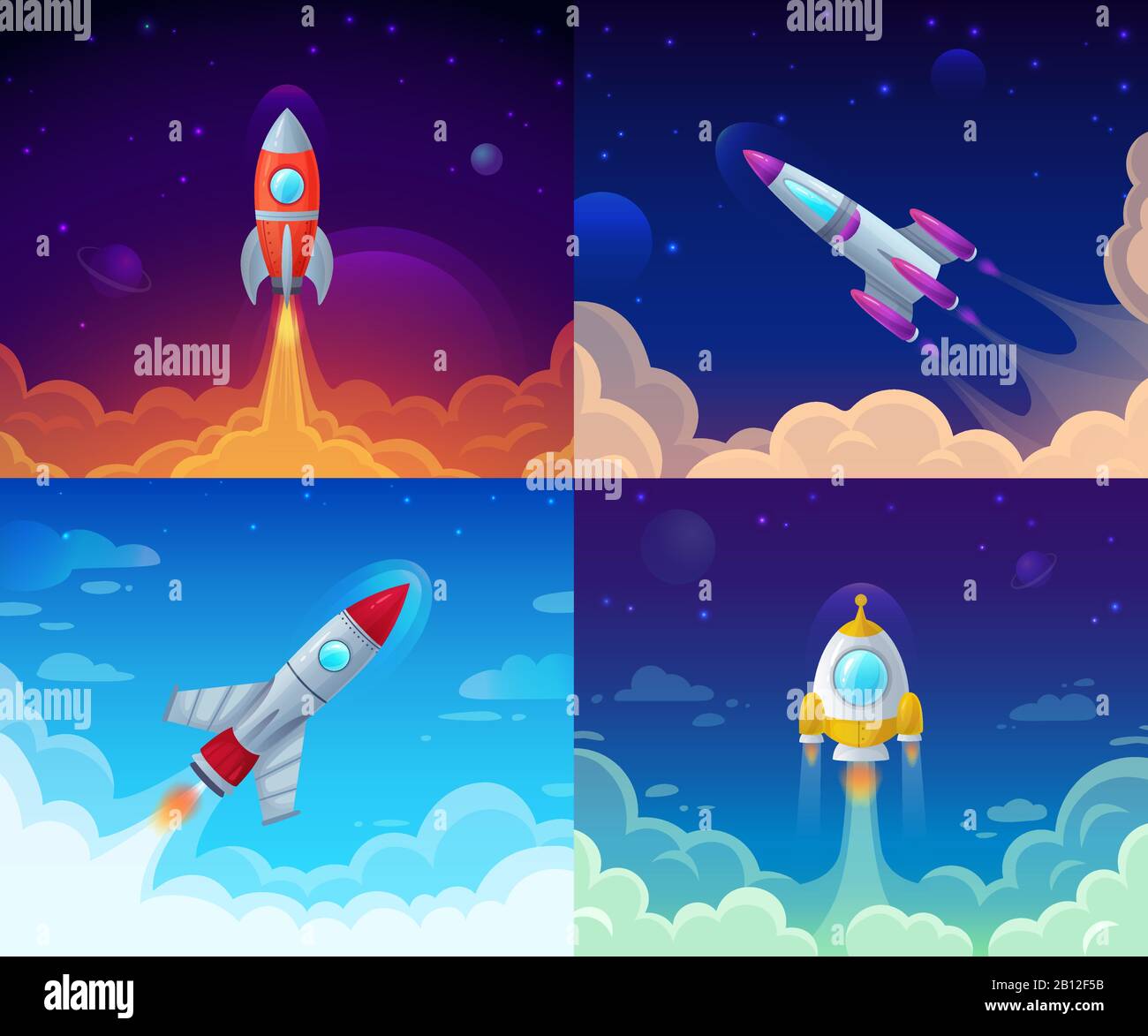 Lancio del razzo. Viaggio spaziale, galassia rocketship e business plan successo inizio vettore cartone animato concetto di illustrazione Illustrazione Vettoriale