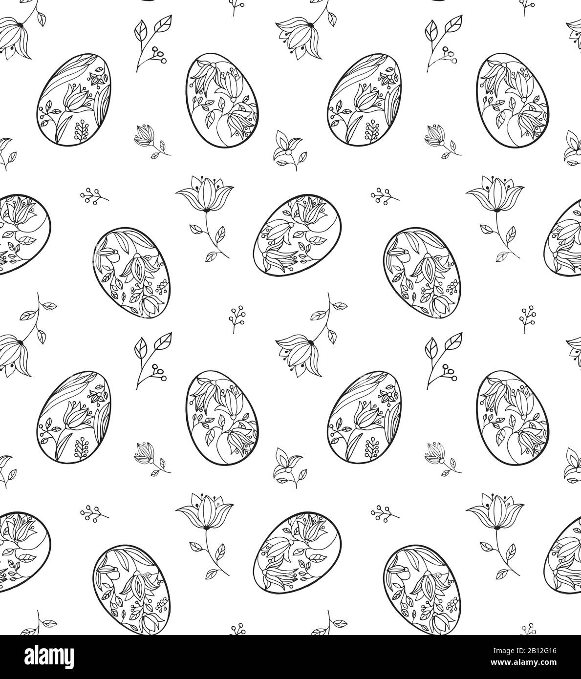 Uovo di Pasqua senza cuciture modello fatto a mano. Stile doddle. Disegno bianco nero per libro da colorare per adulti e bambini Illustrazione Vettoriale