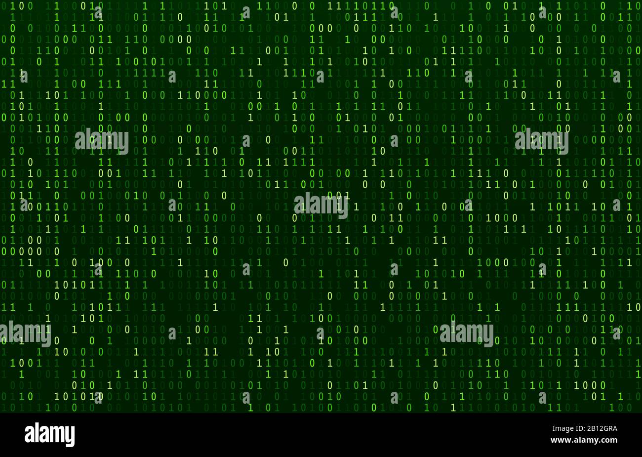 Flusso di codice della matrice. Schermata dei codici di dati verdi, flusso di numeri binari e riga di crittografia del computer schermate vettore astratto sfondo Illustrazione Vettoriale