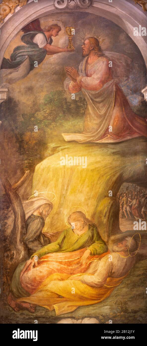 BOLOGNA, ITALIA - 17 MARZO 2014: Affresco di preghiera di Gesù nel giardino del Getsemani nella chiesa barocca di San Michele in Bosco di Bartolomeo Ramenghi Foto Stock