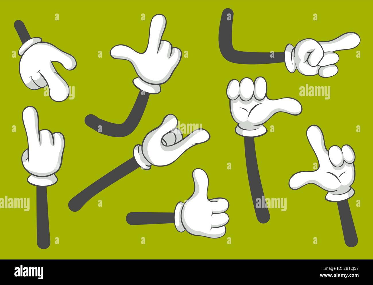 Mani di cartone animato. Mani con guanti. Set di illustrazioni con isolamento vettoriale Illustrazione Vettoriale