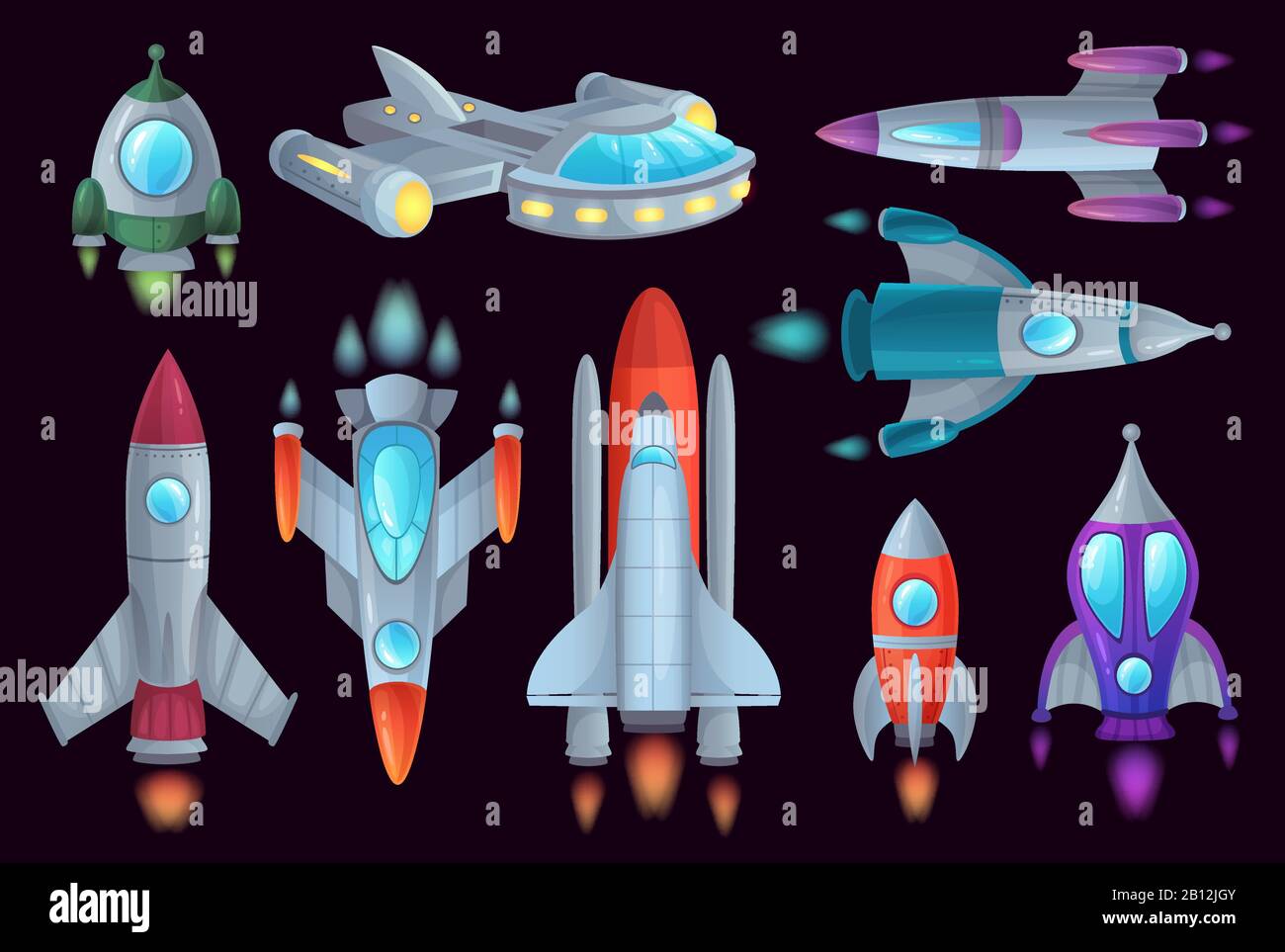 Razzi cartoni animati. Insieme di illustrazioni vettoriali isolate per navi spaziali, razzo aerospaziale e navi spaziali Illustrazione Vettoriale