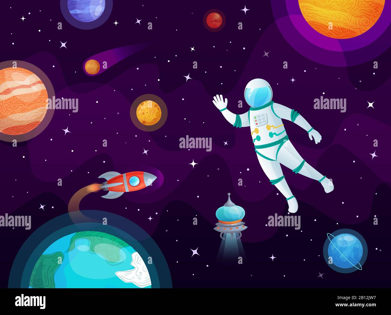 Cosmonaut nello spazio. Astronauta spaziale razzo spaziale in spazio aperto, pianeti universo e vettore cartoon planetario sfondo illustrazione Illustrazione Vettoriale