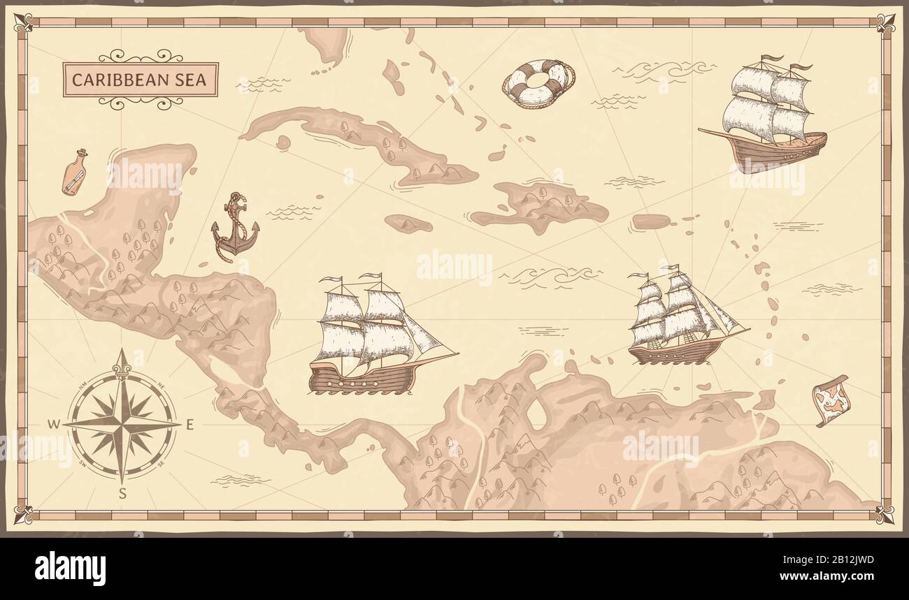 Mappa del Mar dei caraibi. Antichi percorsi pirata, navi fantasy pirati e mappe pirata vintage concetto di vettore illustrazione Illustrazione Vettoriale