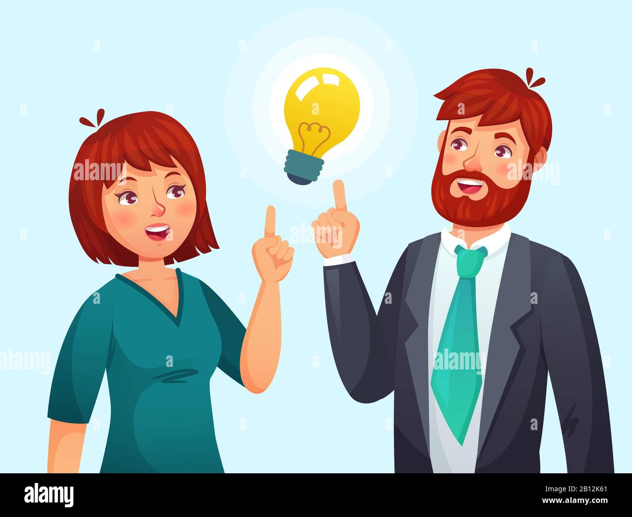 Coppia che ha idea. Marito e moglie hanno soluzione, adulto maschio e femmina risolto problema o idee lampada cartone animato illustrazione vettore Illustrazione Vettoriale