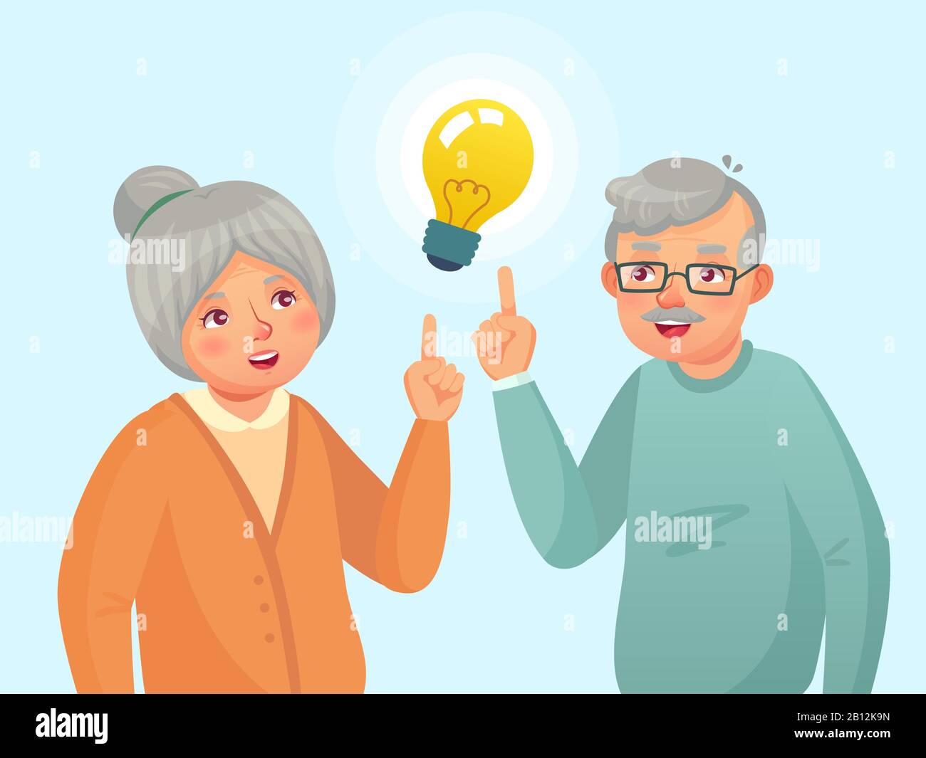 Seniors idea. La coppia della gente anziana ha idea, il problema anziano di pensiero anziano. Immagine vettoriale cartoon di nonno e nonna Illustrazione Vettoriale