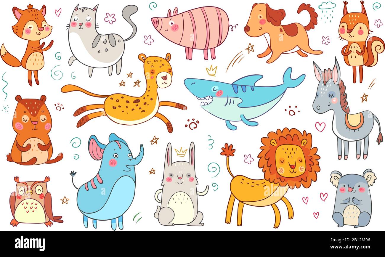 Cute animali disegnati a mano. Amicizia animale divertente doodle gatto, ornamentale adorabile volpe e bambino orso isolato vettore illustrazione set Illustrazione Vettoriale