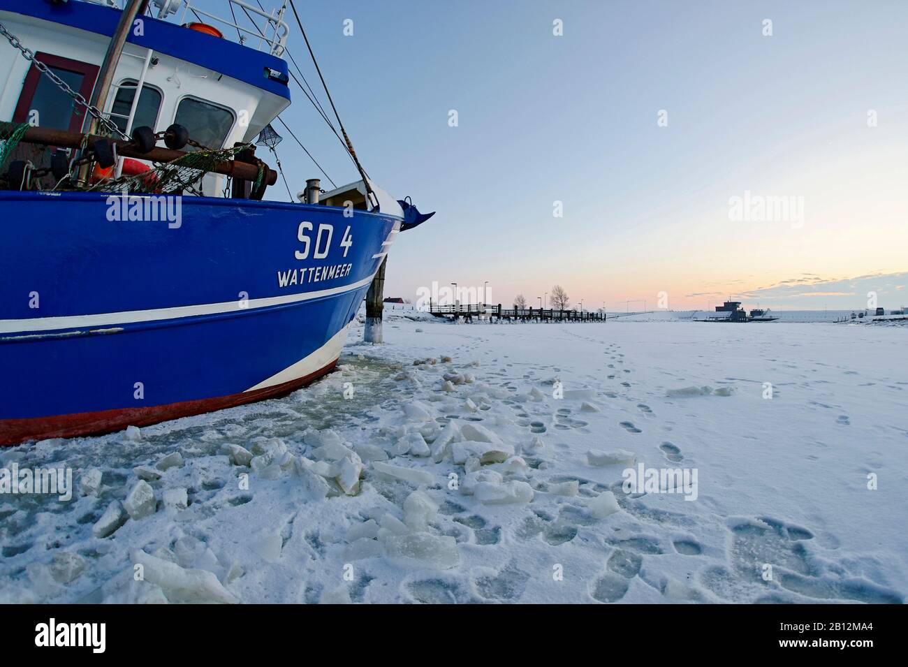 Nave congelata nel porto, Friedrichskoog, distretto di Dithmarschen, Schleswig-Holstein, Germania, Europa Foto Stock