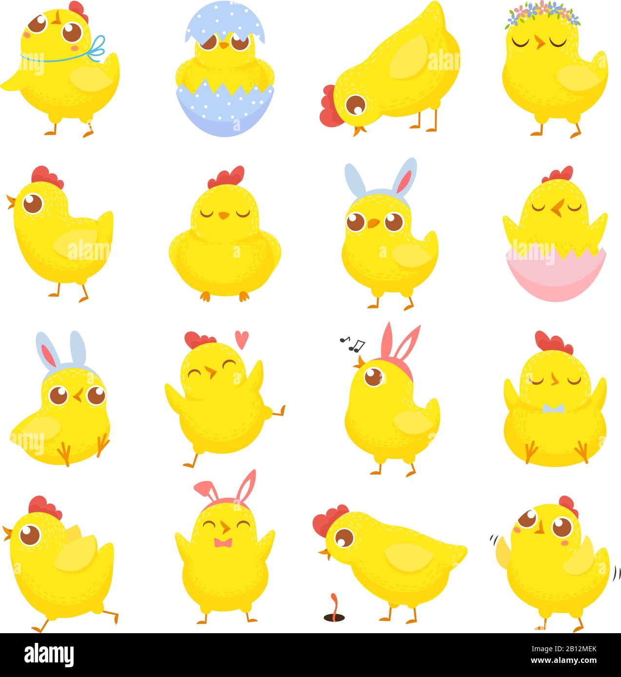 Pulcini di Pasqua. Primavera baby pollo, carino pulcino giallo e polli divertente isolato cartone animato vettore illustrazione set Illustrazione Vettoriale