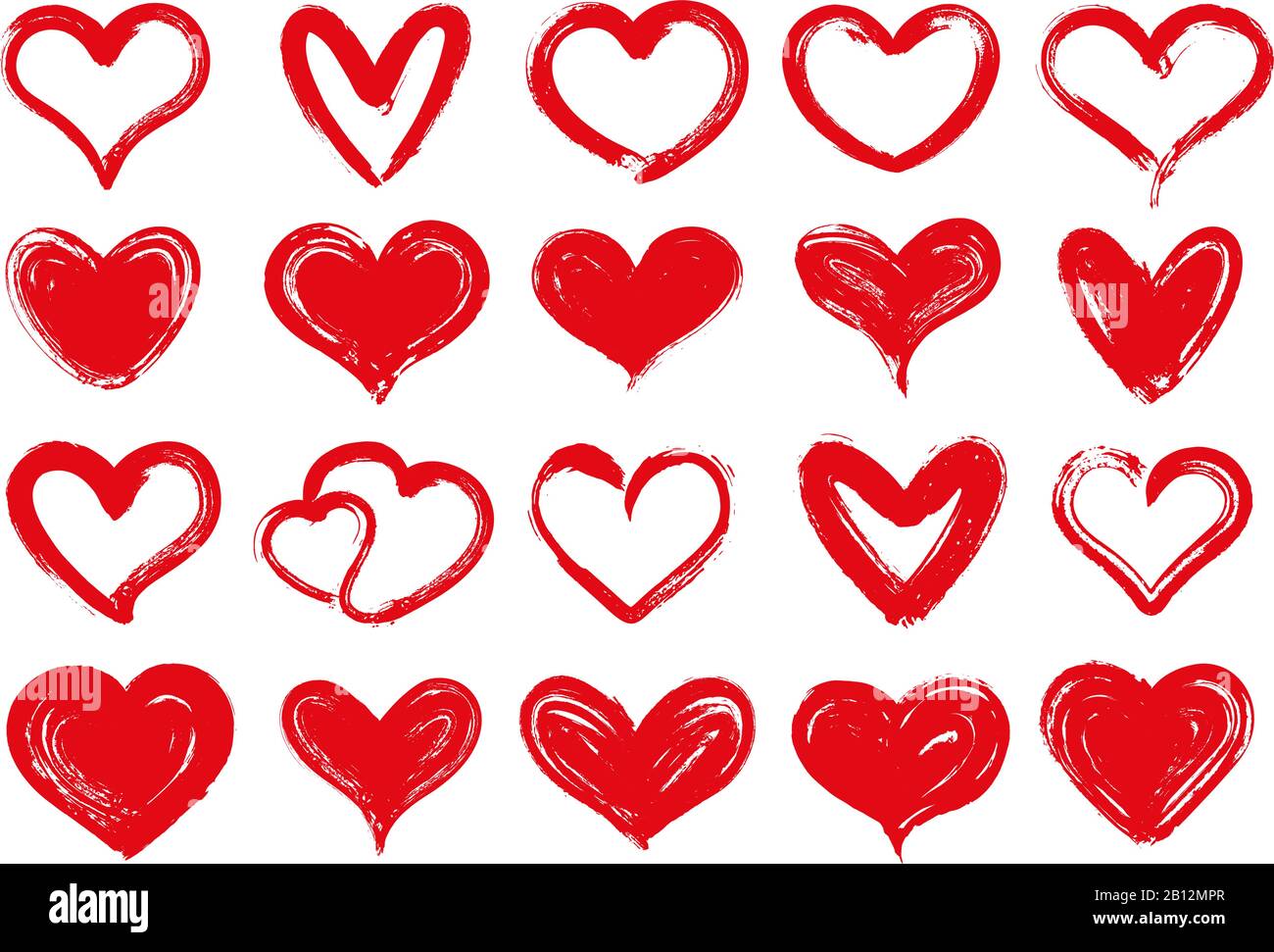Grunge cuori. Cuore rosso disegnato a mano, amore valentine amato e disegno grungy valentines giorno biglietto di auguri isolato vettore set Illustrazione Vettoriale