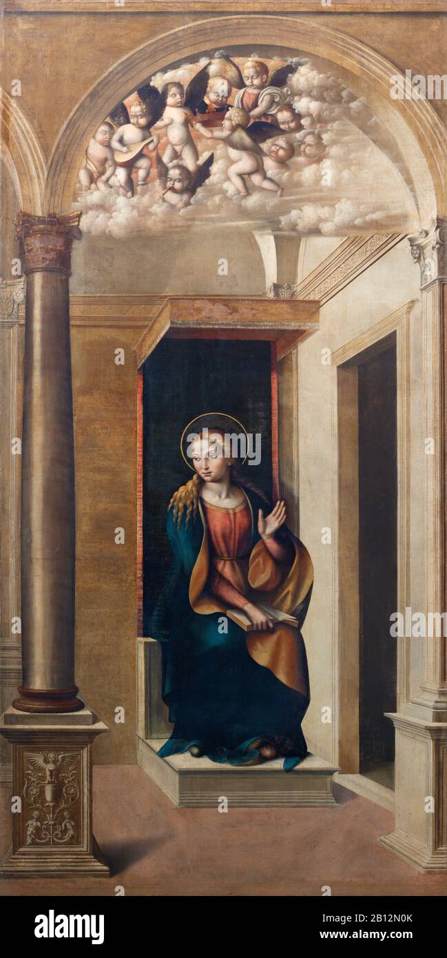 FERRARA, ITALIA - 30 GENNAIO 2020: Il dipinto della Vergine Maria dell'Annunciazione in chiesa Chiesa di Santa Maria in Vado di Domenico Panetti Foto Stock