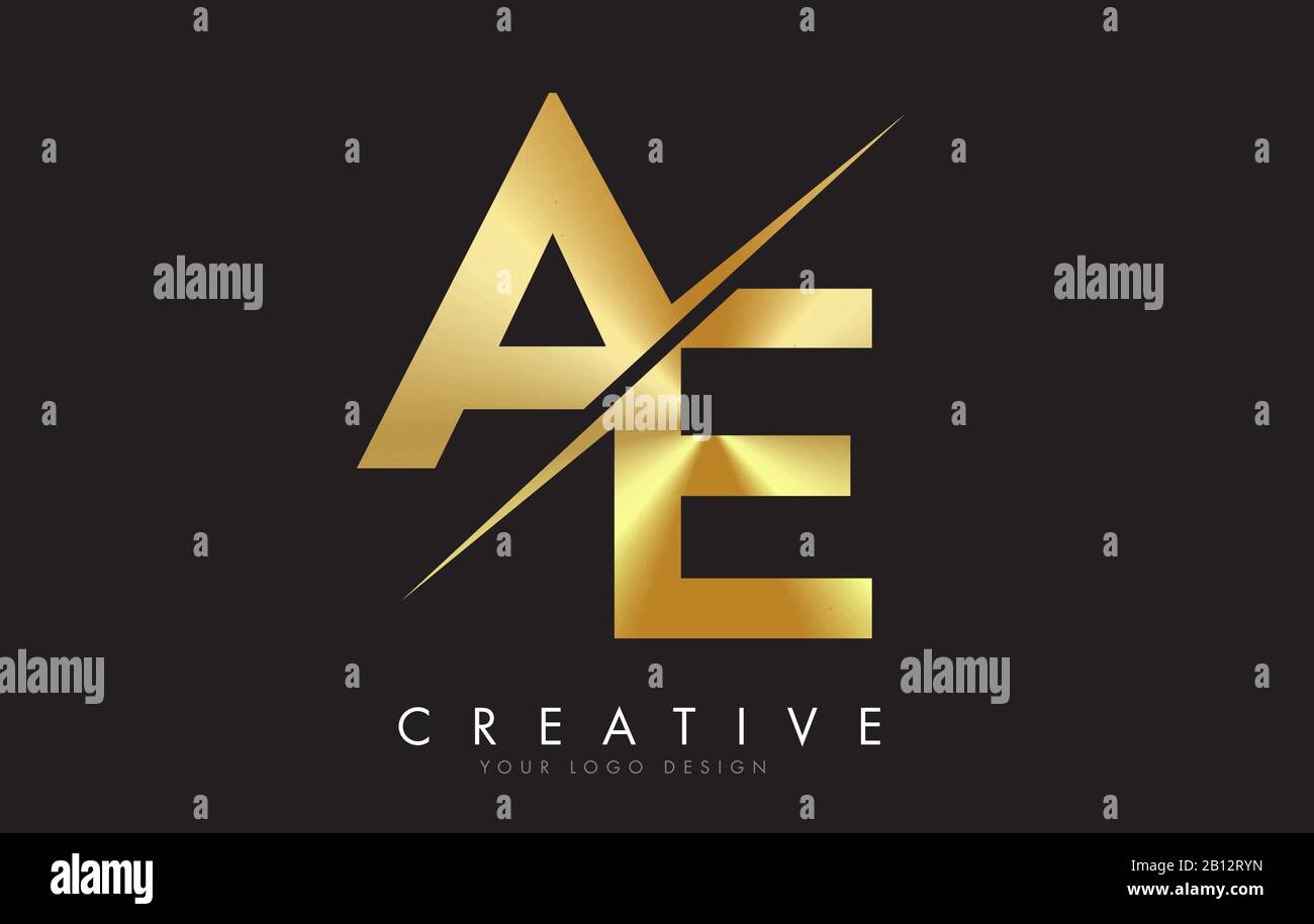 AE A e Golden Letter Logo Design con taglio creativo. Logo creativo con sfondo cerchio nero. Illustrazione Vettoriale