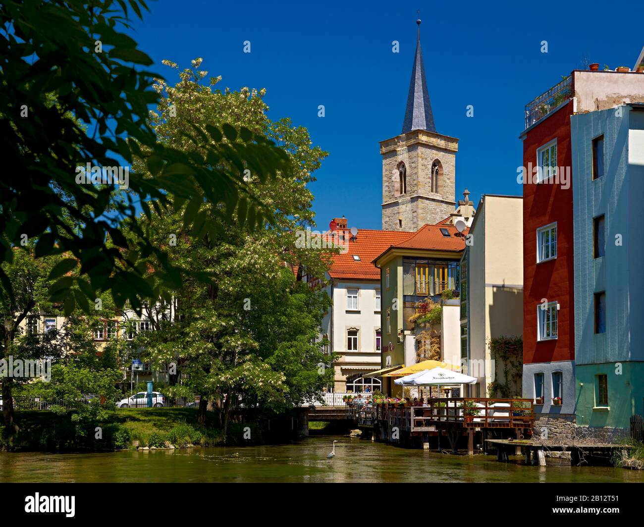 Caffè all'aperto lungo il fiume Gera con la chiesa di San Aegidien, Erfurt, Turingia, Germania Foto Stock