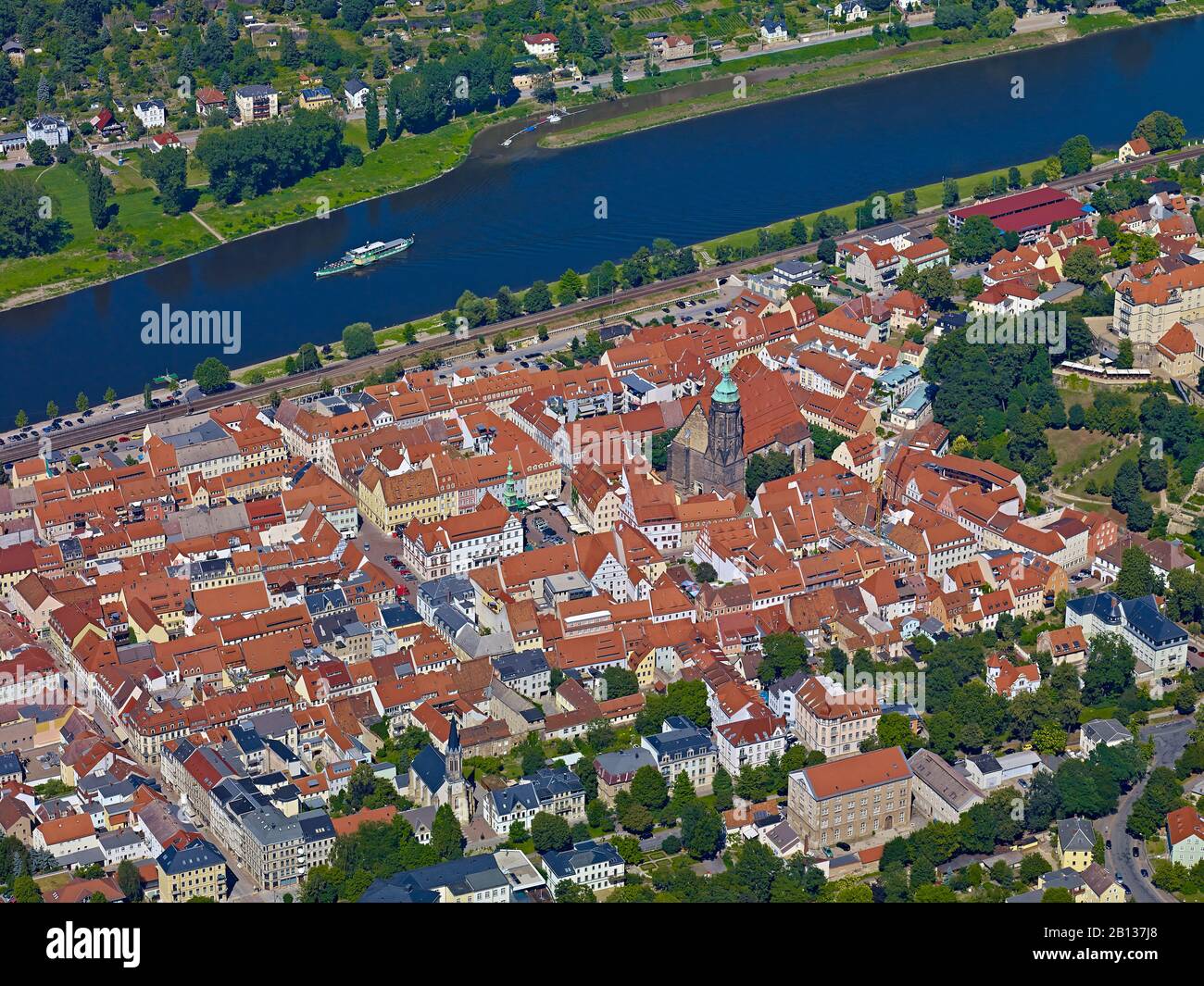 Vista sul centro della città di Pirna con Elbe, quartiere Saxon Svizzera-Ore Montagne, Sassonia, Germania Foto Stock