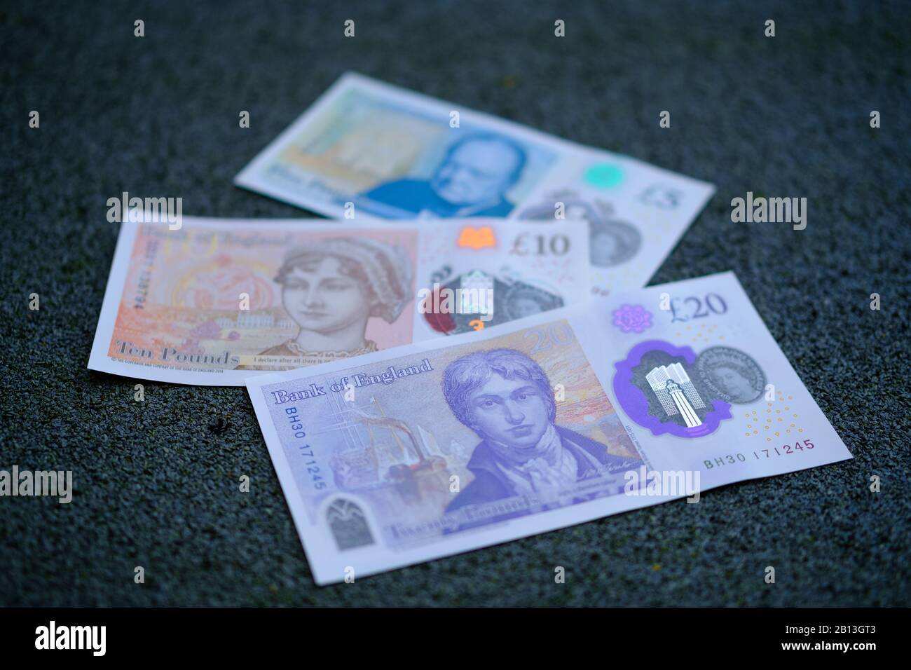 Set di banconote da 20 sterline britanniche All New Polymer rilasciate entro il febbraio 2020 nel Regno Unito. Foto Stock