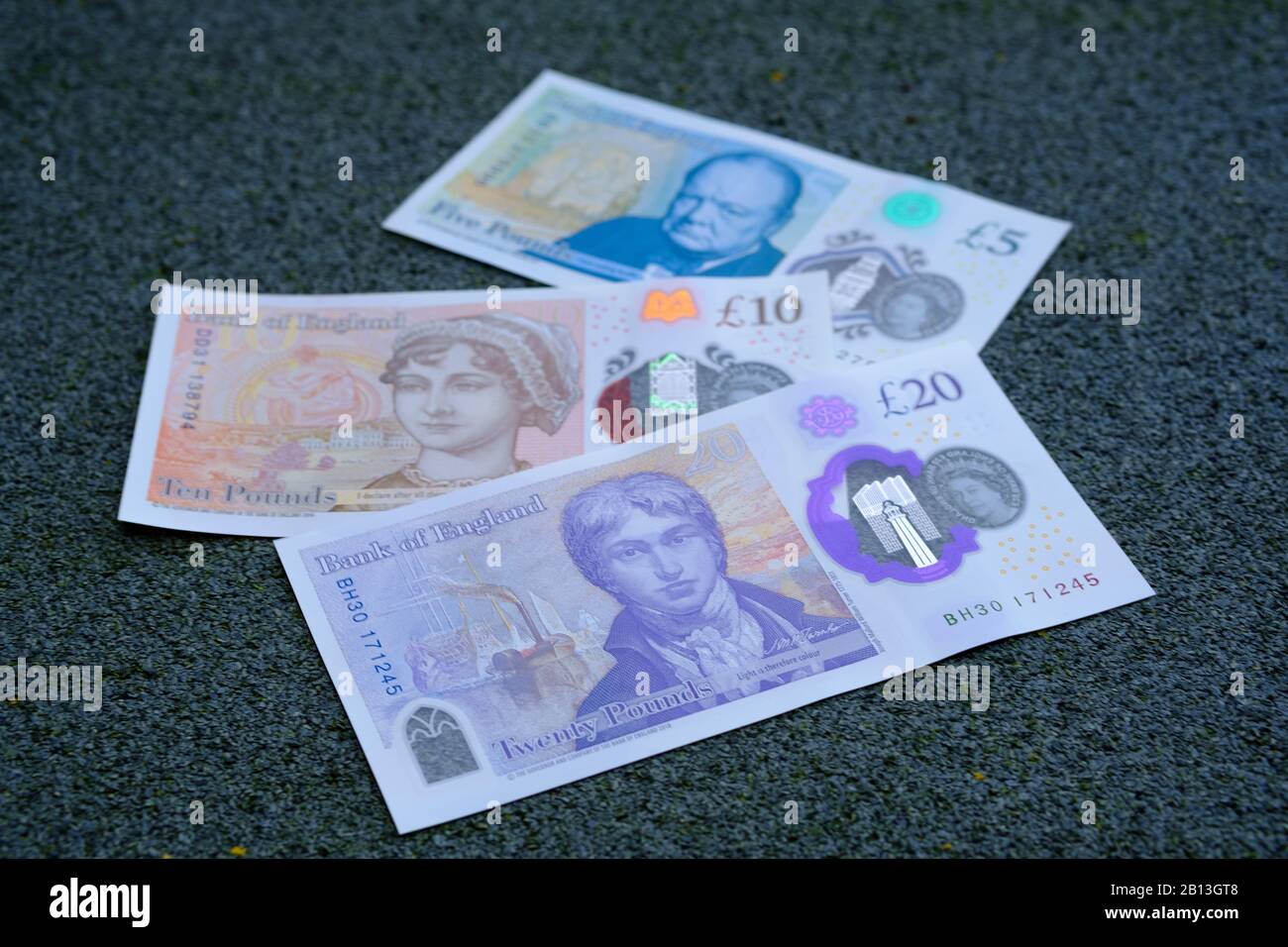 Set di banconote da 20 sterline britanniche All New Polymer rilasciate entro il febbraio 2020 nel Regno Unito. Foto Stock