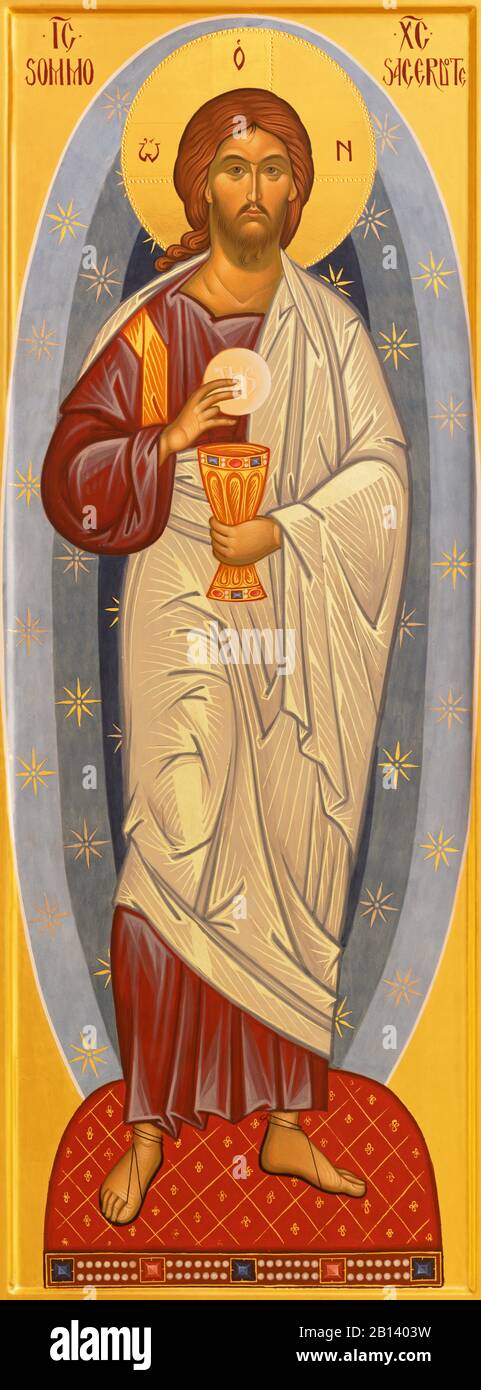 Ravenna, ITALIA - 28 GENNAIO 2020: L'icona di Gesù Cristo sacerdote della chiesa di Santa Maria Maddalena. Foto Stock
