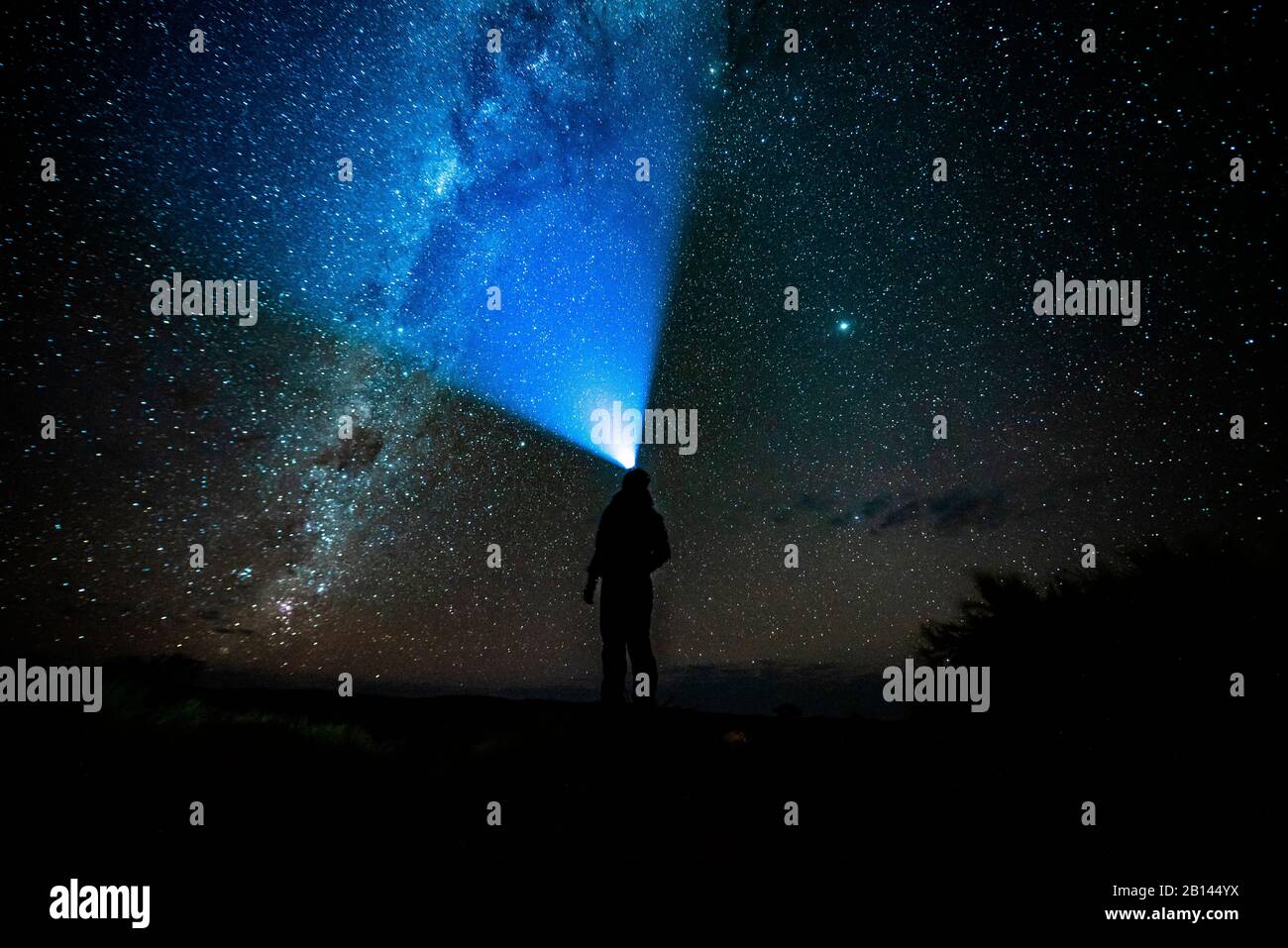 La persona guarda il cielo stellato con un faro, Namibia Foto Stock