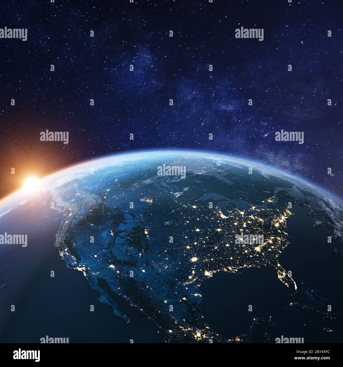 USA dallo spazio di notte con luci della città che mostrano le città americane in Stati Uniti, Messico e Canada, panoramica globale del Nord America, 3d rendering o Foto Stock