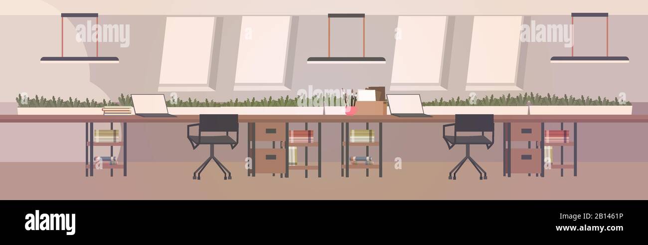 spazio di lavoro creativo spazio aperto moderno vuoto nessun personale interno ufficio contemporanea coworking area orizzontale vettore illustrazione Illustrazione Vettoriale