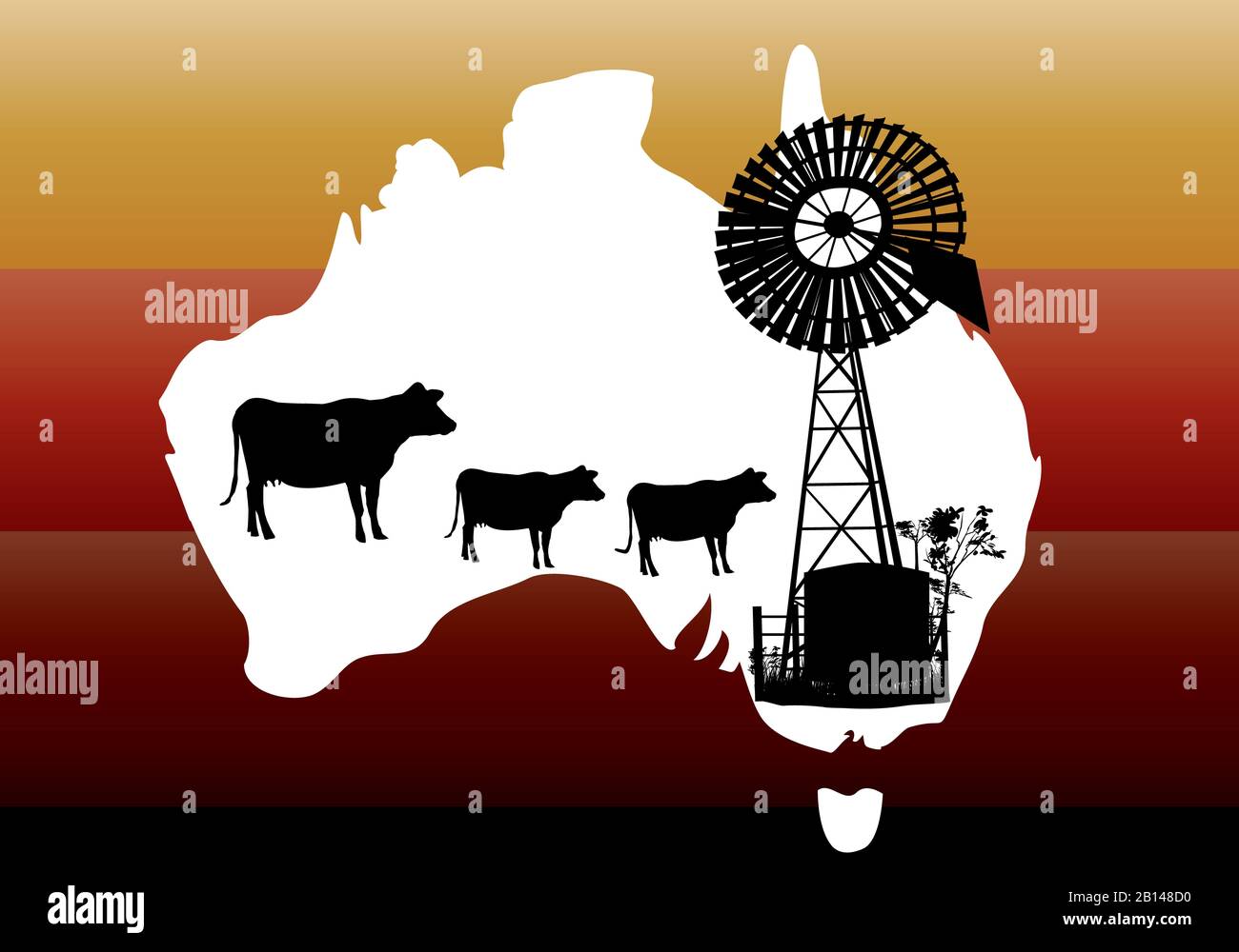 Fuori linea di una mappa bianca dell'Australia con mucche e profilo mulino a vento con sfondo arancione e giallo Foto Stock