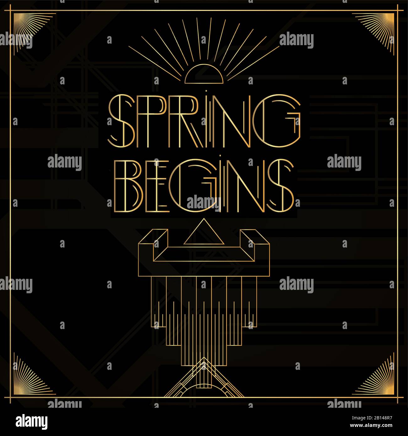 Art Deco Spring Inizia Le Parole. Biglietto d'auguri decorativo dorato, segno con lettere vintage. Illustrazione Vettoriale