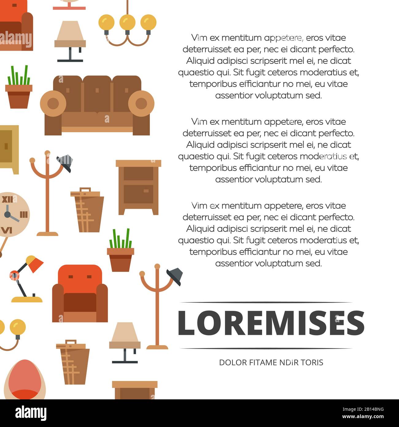Arredamento poster design - banner con mobili e accessori piatti. Illustrazione del vettore Illustrazione Vettoriale