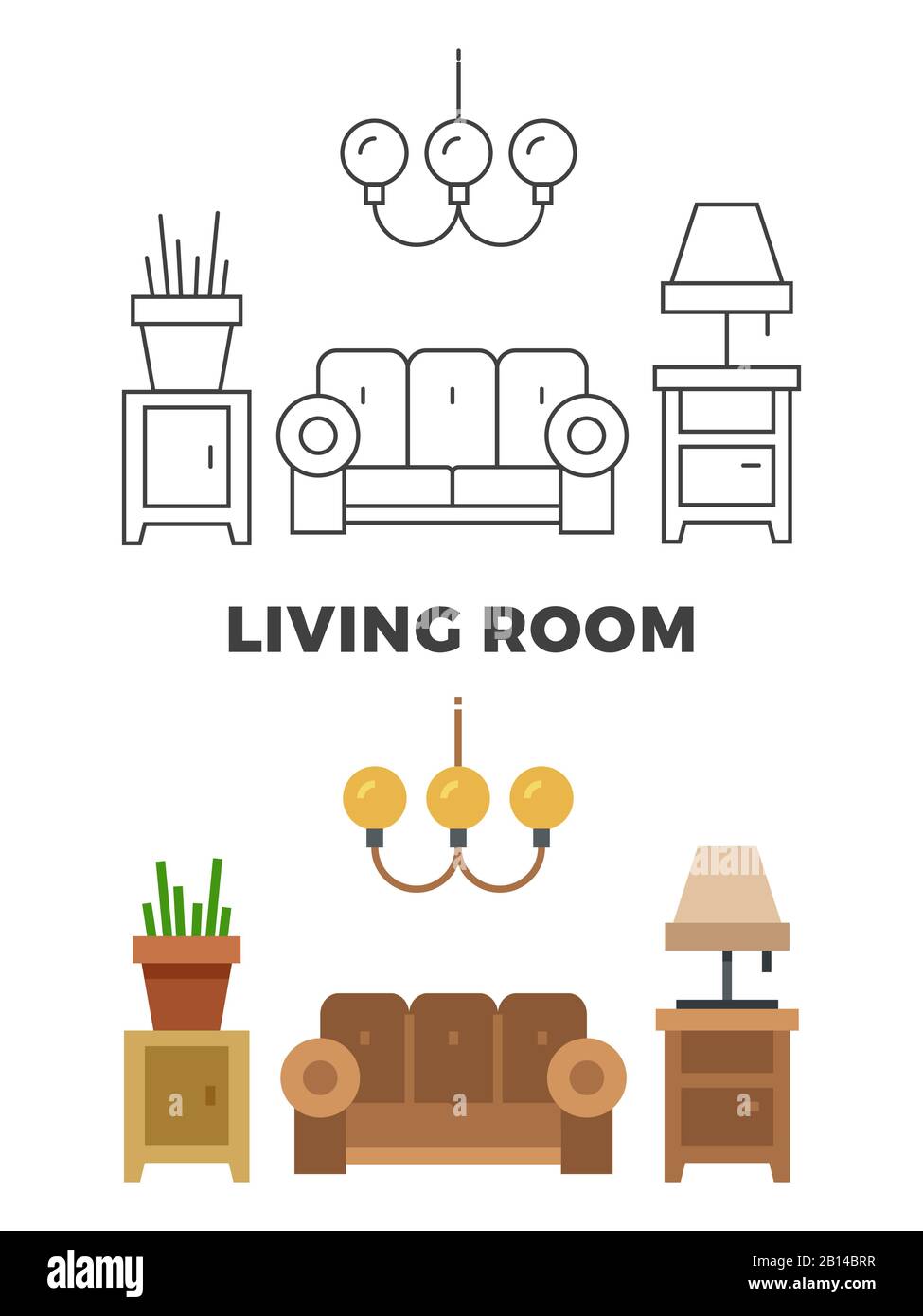 Concetto di soggiorno - design del soggiorno in stile piatto e lineare. Illustrazione del vettore Illustrazione Vettoriale